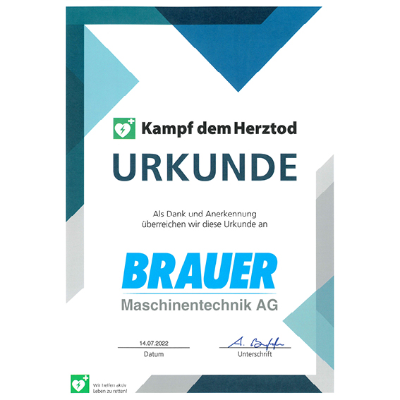 Urkunde Defibrillator Brauer Maschinentechnik AG 